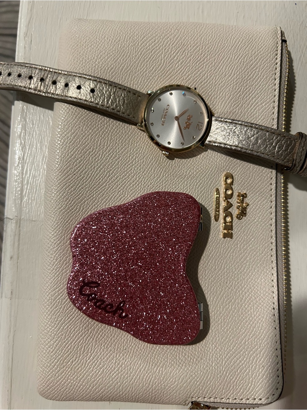 Coach Pink Glitter Compact Mirror with Coach Logo